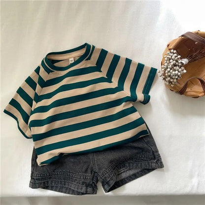 Fashion striped T-shirts for kids baby cotton short sleeve Tees boys and girls casual Tops clothes
