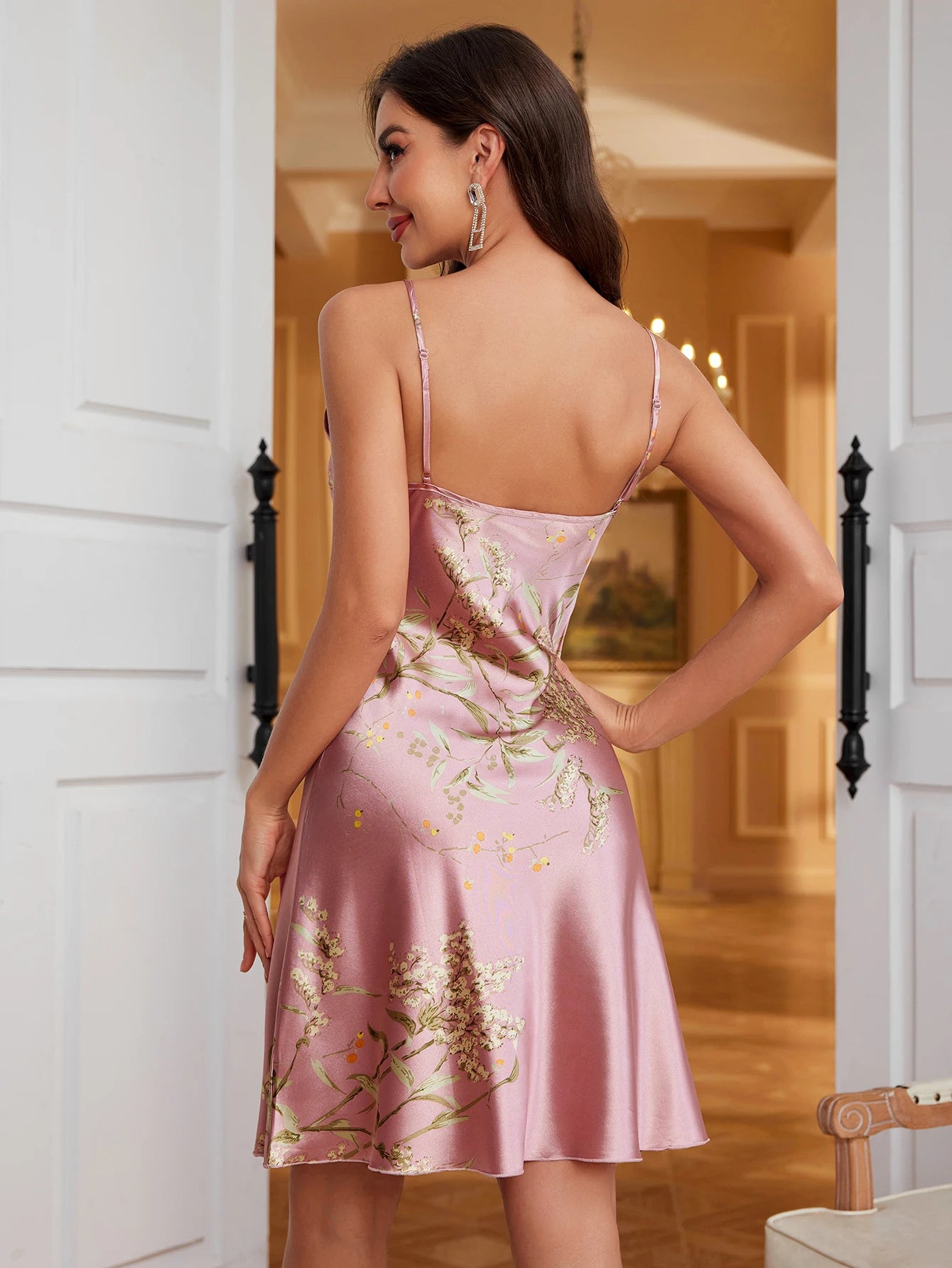 Hot style Women's Cherry Print Nightdress Casual sexy ladies silk pajamas slip dress for All Seasons