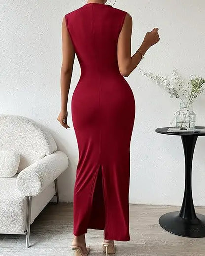 Women's Ruched Bodycon Dress Summer Casual Sleeveless Back Slit Elegant Club Evening Party Cocktail Maxi Dresses