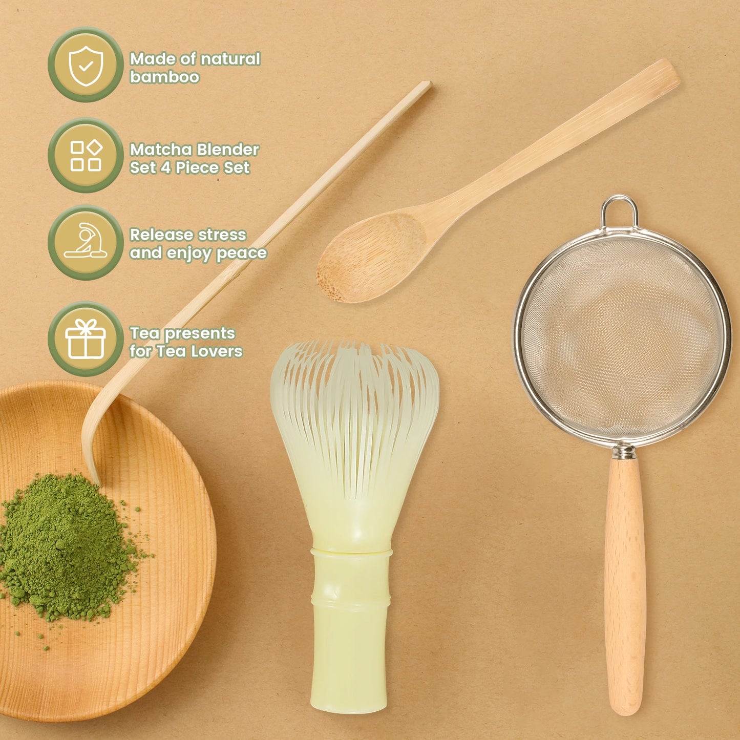 4Pcs Japanese Matcha Tea Set for Beginners Matcha Making Starter Kit with Matcha Whisk Tea Scoop Reusable Bamboo Matcha Whisk