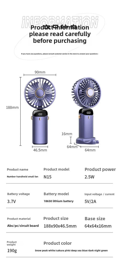 Handheld Fan with Digital Display, Foldable Fan Neck Hanging Fan, USB Charging Mini Fan Suitable for Outdoor Use in Offices