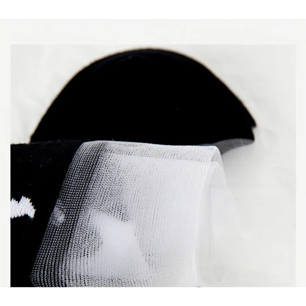 5Pairs Black and white cat women's socks, glass fiber breathable sweat absorbing , wear-resistant and odor proof summer socks