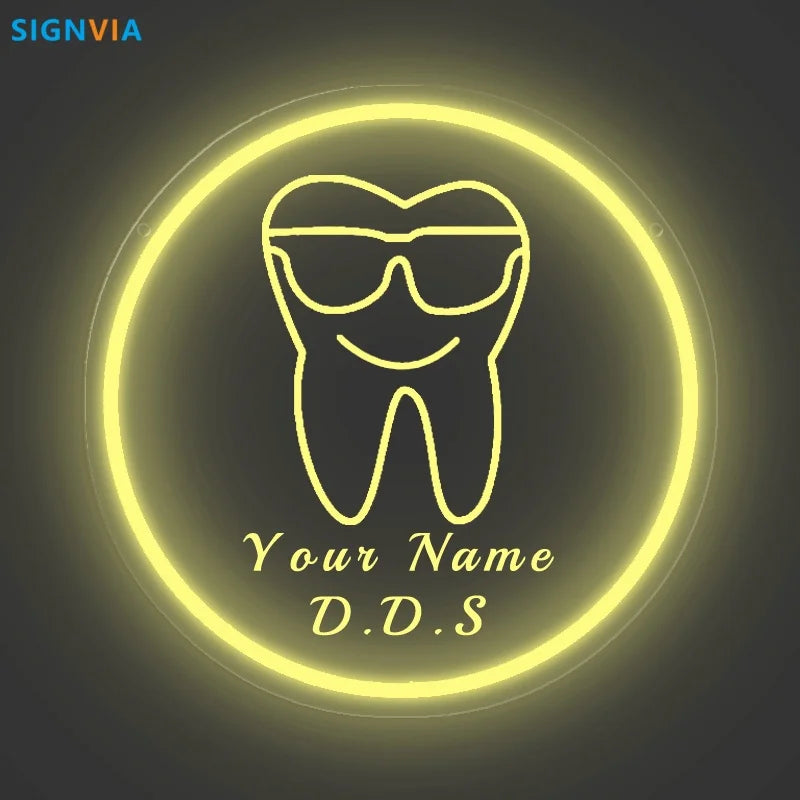 Custom Neon LED Tooth Sign with Glasses USB-Powered Wall Decor for Dental Parties Personalized Name White Light Circular Decor
