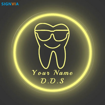 Custom Neon LED Tooth Sign with Glasses USB-Powered Wall Decor for Dental Parties Personalized Name White Light Circular Decor