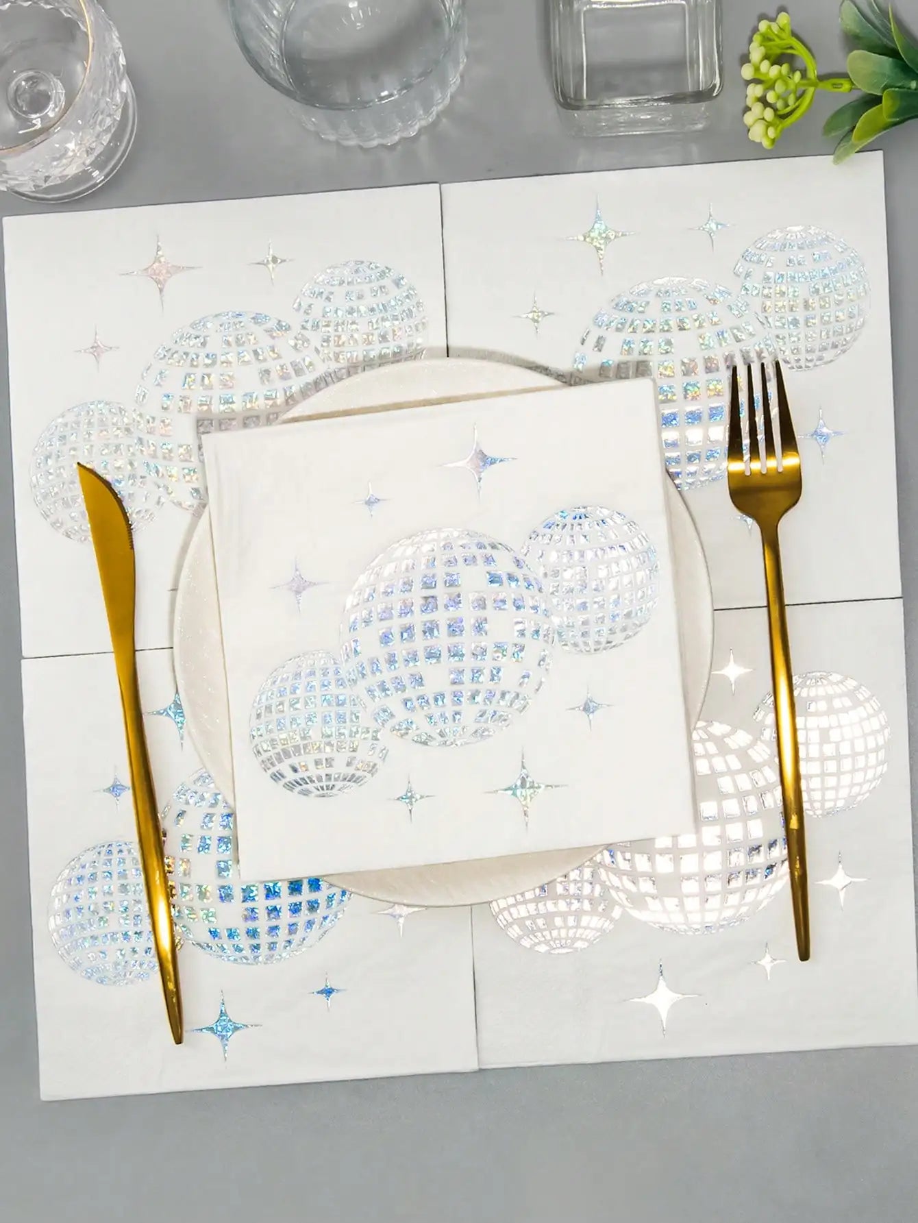 20 disposable silver-printed disco party cocktail napkins, party tableware, birthday engagement graduation party decorations
