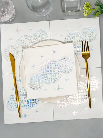 20 disposable silver-printed disco party cocktail napkins, party tableware, birthday engagement graduation party decorations