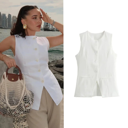 2025 Office Blazer Vest | 2-Color Stretch Waistcoat for Summer Women Workwear | Breathable Linen with Hidden Pockets