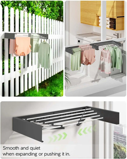 80cm Wall Mounted Laundry Drying Rack White Metal Clothes Drying Rack 5 Rods Space Saving Laundry Racks for Drying Towel Shoes