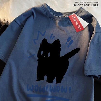 Wow Wow Fun Black Cat Print Japanese Style Men Women Top Fashion T Shirt Cotton Loose T-Shirt Casual O-Neck Clothes Oversize Top