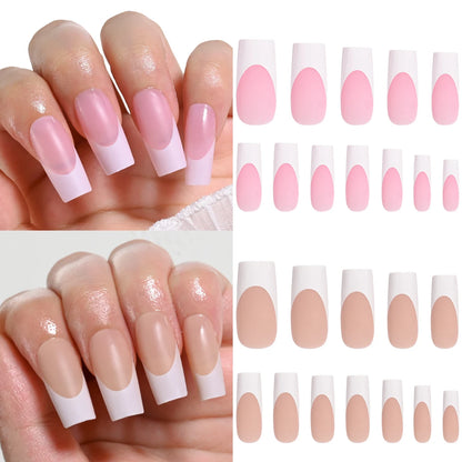 120Pcs Medium Long Square Acrylic French Fake Nails Full Cover Wearable French Press on Nails for Women Mixed Size False Nails