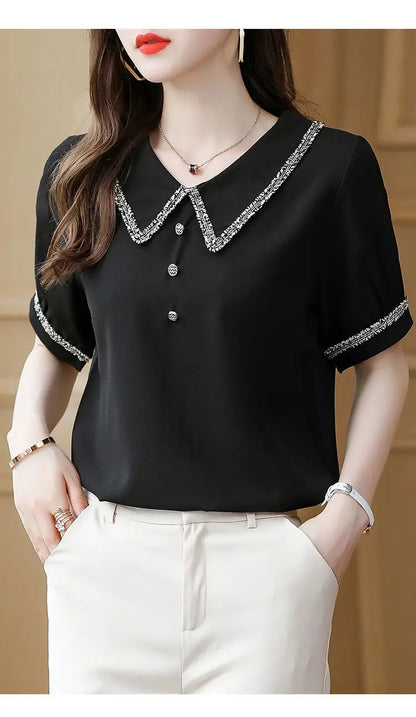 Top for Woman Office Outfits Clothing Black Women's Shirts and Blouses Chiffon Wear To Work Formal Collar Short Sleeve New 2024