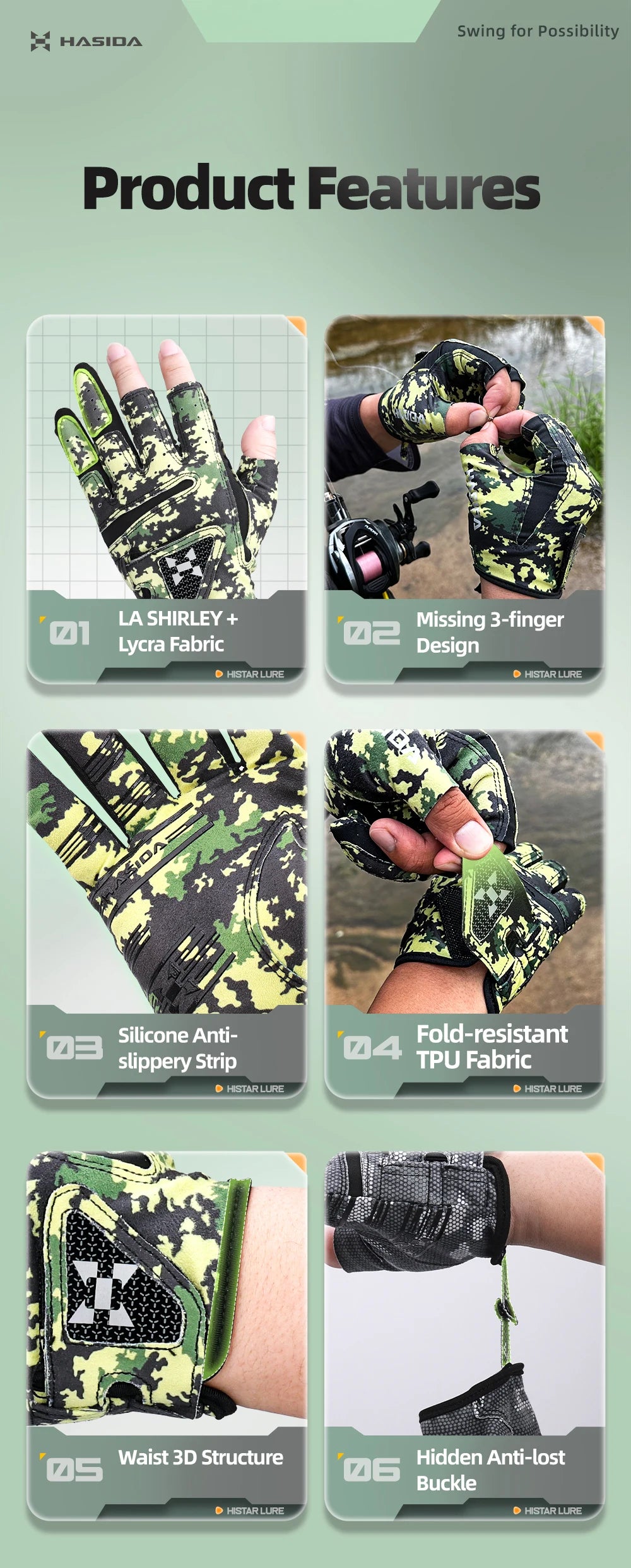 HISTAR Antislippery LA SHIRLEY Fabric Silicone Anti- slippery Strip Abrasion Resistance Multi-Functional Fishing Glove