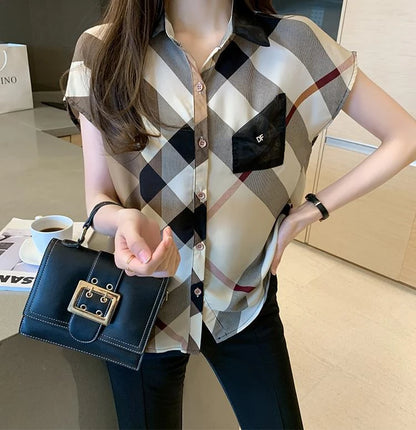 Office Wear Short Sleeve Chiffon Casual Pretty and Cheap Women's Blouses Korean Plaid Youth Woman Buttoned Shirts Trends Top Hot
