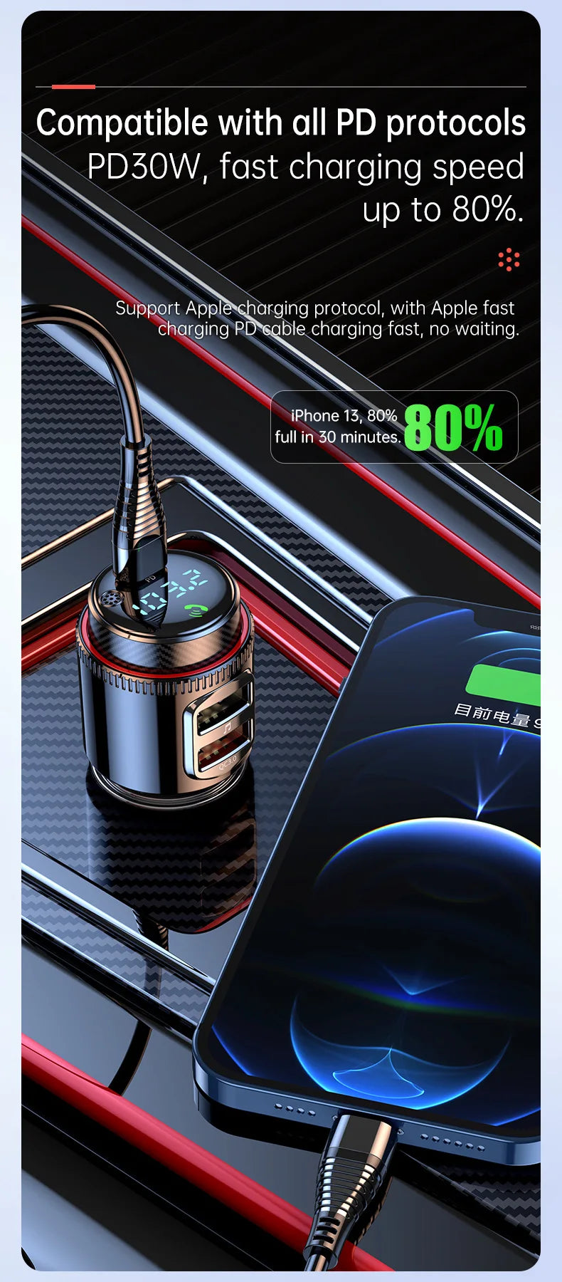 VR Robot PD30W+QC 3.0 Bluetooth 5.4 Car MP3 Player FM Transmitter Wireless Handsfree U Disk Play USB Car Fast Charge Adapter