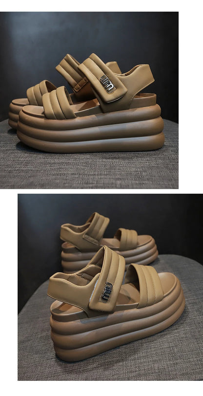 2025 Summer Women Chunky Sandals Leather High Platform Trainers Breathable Casual Slippers Shoes Woman 8.5CM Heels Wedge Sneaker