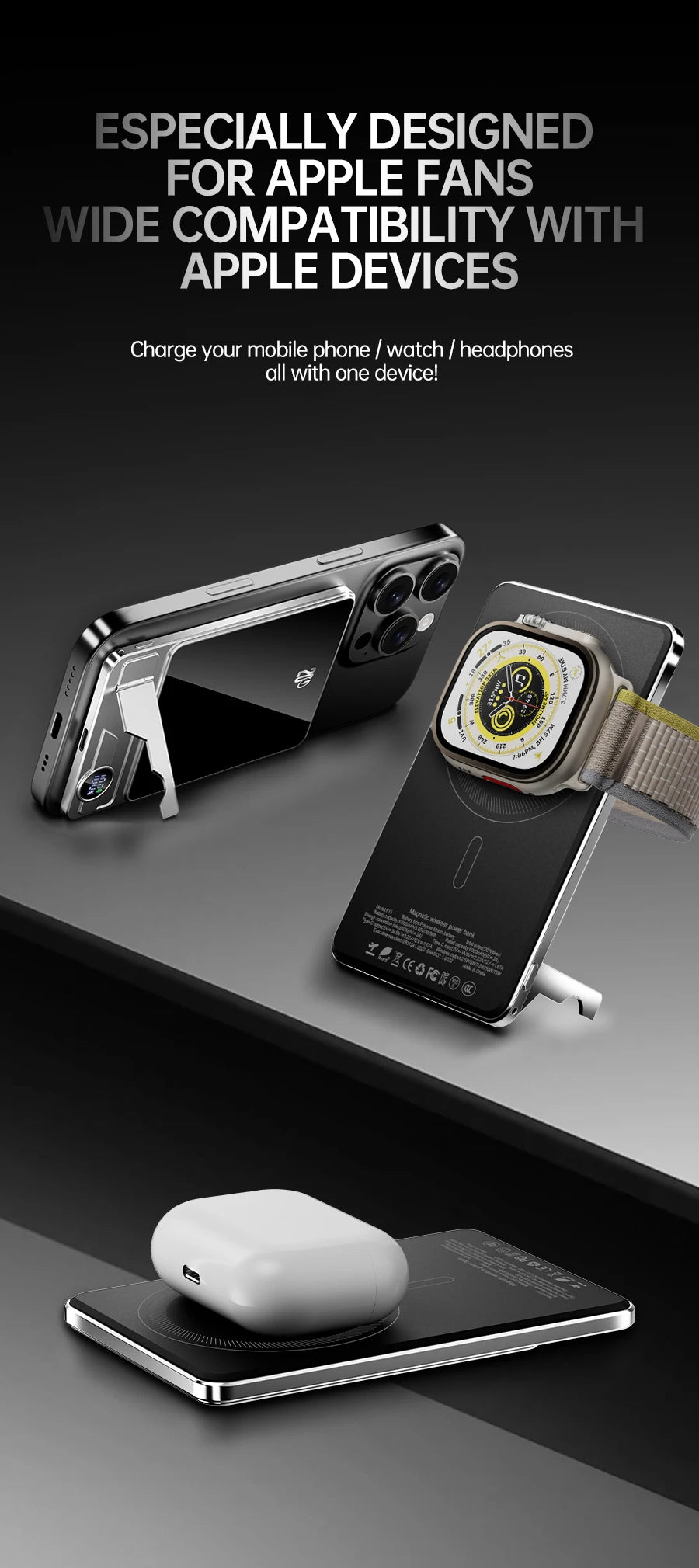 Portable Charger Powerbank With Cable PD20W Power Bank Wireless 15W With Phone Holder LED Display Mobile Phone Backup Battery