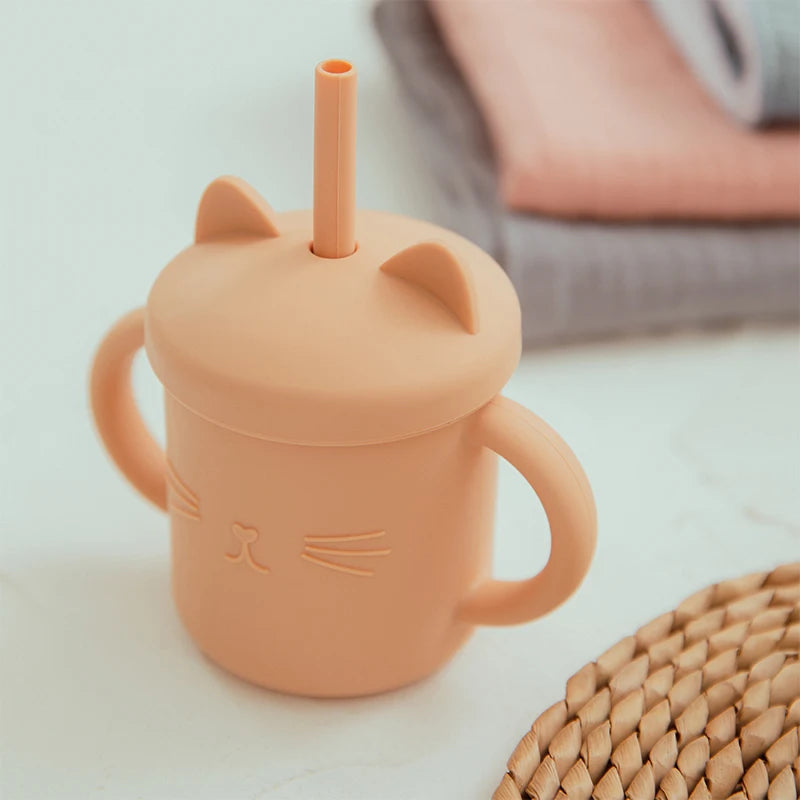 Baby Food Grade Feeding Cup Kid Double Handle Design Cute Cat Styling Straw Bottle Anti-Hot Leakproof Baby Silicone Feeding Cups