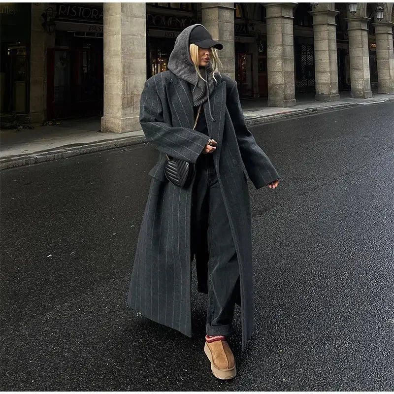 Retro Striped Lapel Woolen Long Coat Women Casual Loose Dark Grey Oversize Coats Female Winter Elegant Chic Outwear