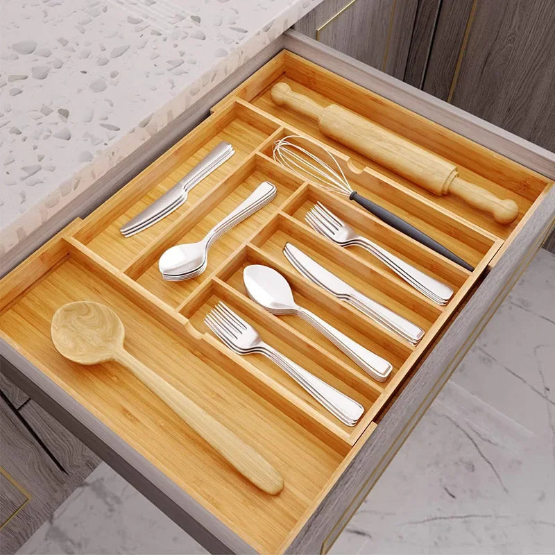 Bamboo Expandable Drawer Kitchen Organizer for Spoons Forks Knives cutleries Utensils Holder Adjustable Cutlery Tray Divider