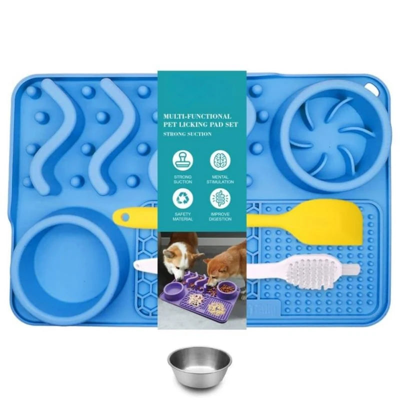 Slow Feeder Mat for Pets - Non-Toxic Silicone (Turquoise) Upgraded Anxiety and Boredom Relief Tool with Aluminum Bowl,17x11x2 in