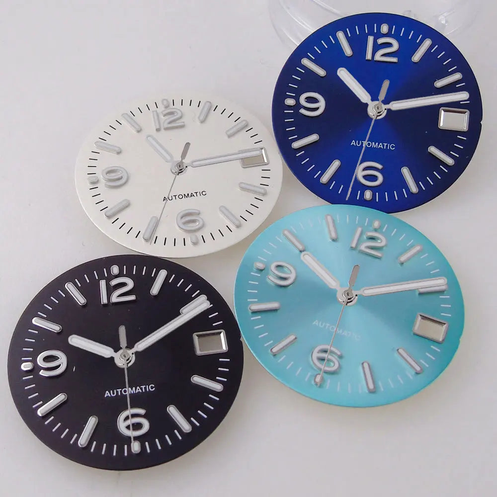 29MM Pilot Watch Dial Face for NH35 NH36 Dive Watch Mod Parts Silver Hand set Date Window Sterile Dial Plate Green Luminous