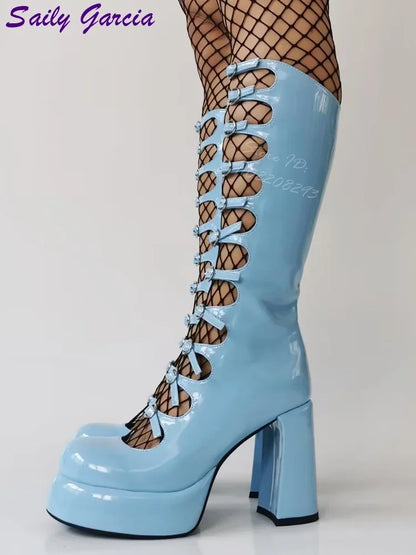 Platform Strappy Chunky Sandals Solid Thick Women Summer Boots Sexy Party Women Shoes Metal Button Fashion Leather Shallow