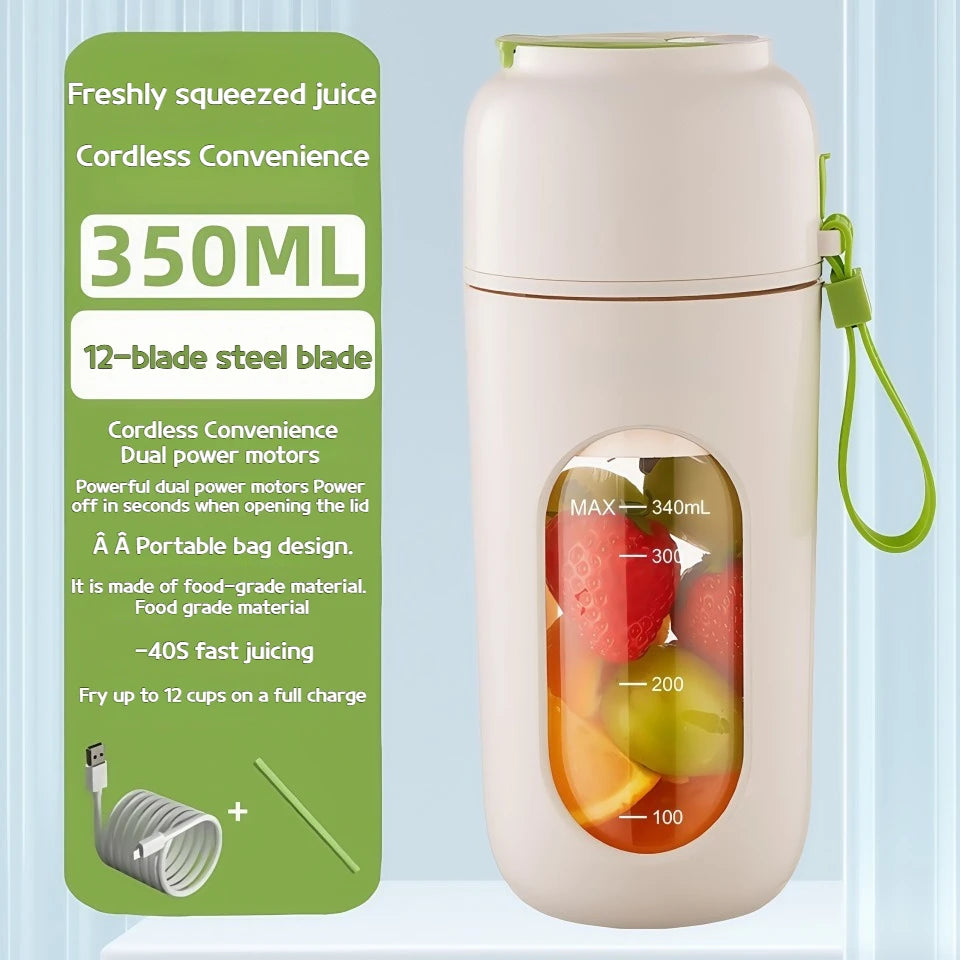 Portable Electric Blender Cup for Smoothies, Shaved Ice, and Juices - 12-Blade Stainless Steel with Wireless Charging Function