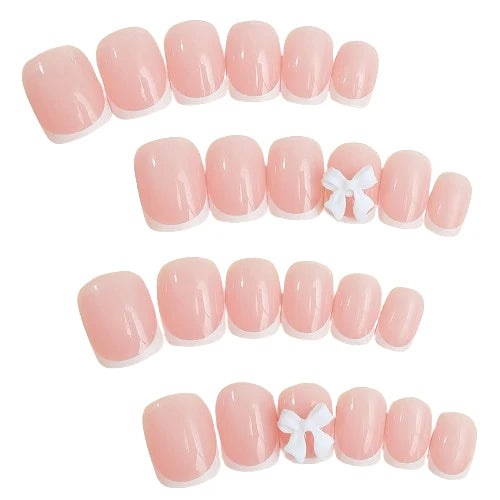 White French Short Press on Nails 3D Bowknot Designs Nude Color Fake Nails Artificial False Nails Tips for Woman DIY Manicure