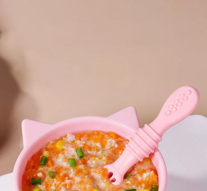 Food Grade Silicone Baby Training Fork Spoon Set for Teeth Grinding Complementary Rice Paste Baby Feeding Tableware