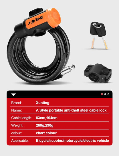 Xunting Bike Lock Coiled Secure Keys Bike Cable Lock with Mounting Bracket Weathproof Anti Theft Scooter Bicycle Lock