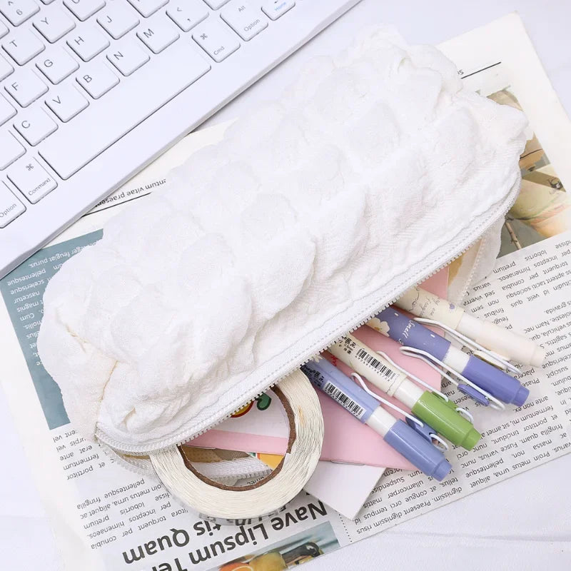 Cute Cream Puff Pencil Case Big Capacity Pen Bag Zipper Stationary Organzier Aesthetic Pen Case Makeup Storage Office Stationary