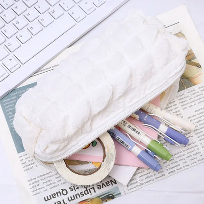 Cute Cream Puff Pencil Case Big Capacity Pen Bag Zipper Stationary Organzier Aesthetic Pen Case Makeup Storage Office Stationary