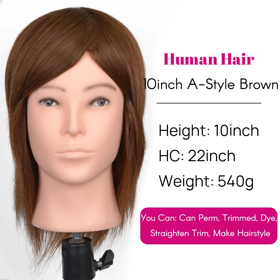 100% Human Hair Male Mannequin Head With Hair Beard Practice Manikin Hairdresser Cosmetology Training Doll Head For Hair Styling