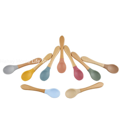 Baby Silicone Feeding Set with Wooden Handle Soft Training Spoon and Fork for Kids
