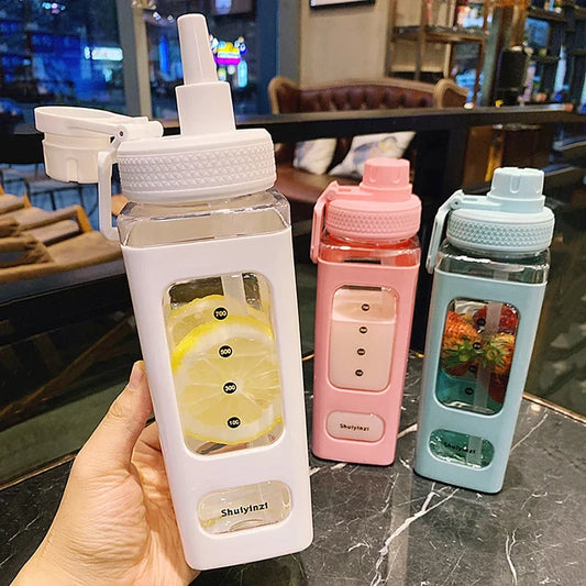 700ml Square Plastic Water Bottles Creative Summer Straw Bottle Outdoor Sport Shaker Travel Tea Juice Milk Portable Drink Bottle