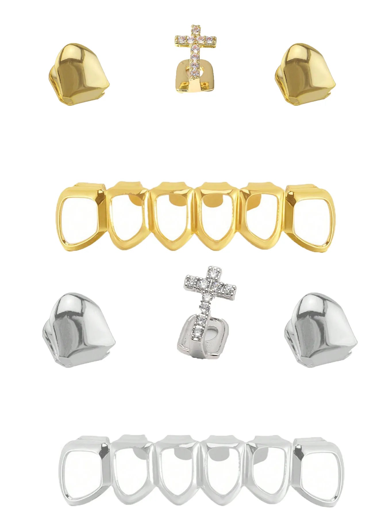 A Group Fashionable Teeth Decoration: Double Smooth Single Teeth With Zircon Crosses And Six Perforated Lower Teeth Made Of