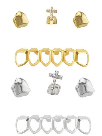 A Group Fashionable Teeth Decoration: Double Smooth Single Teeth With Zircon Crosses And Six Perforated Lower Teeth Made Of