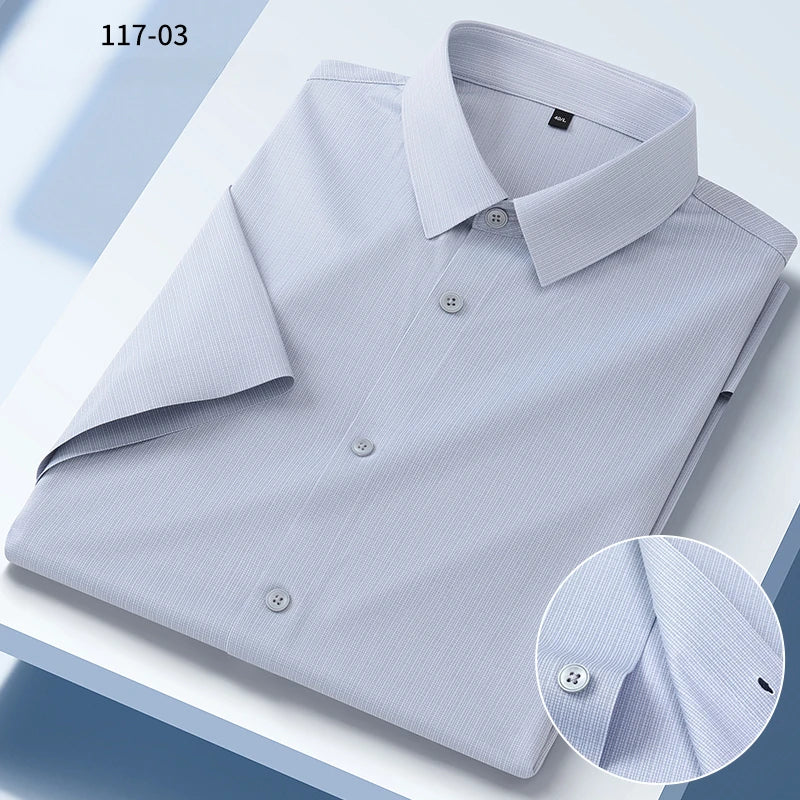 New in shirt summer short sleeve shirts for men slim fit formal plain shirt soft office striped top wrinkle free elastic clothes