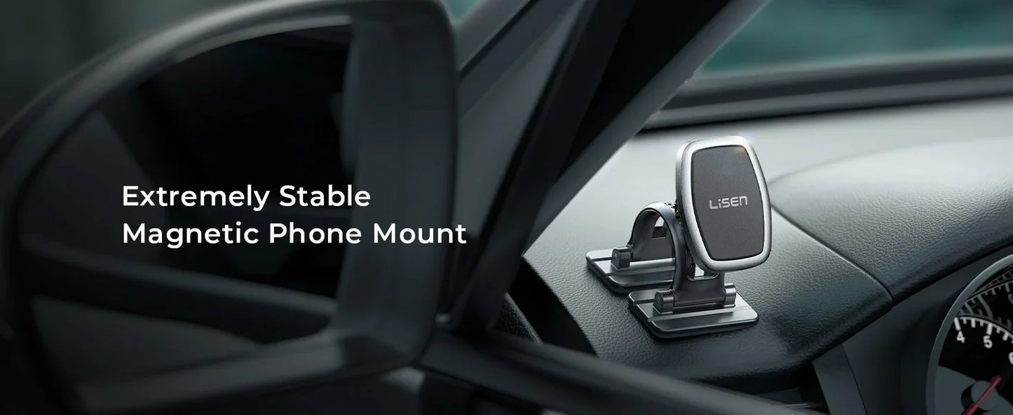 LISEN Magnetic Car Phone Mount for iPhone and Android with 6 Magnets and Adjustable Arch Design, Black