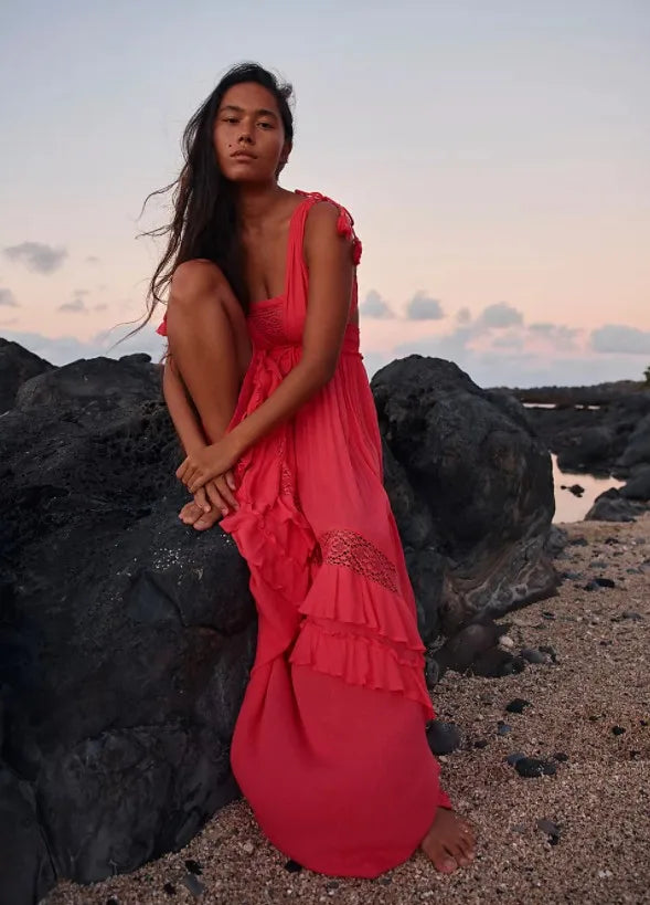 canwedance Summer Beach Dress Sleeveless Cotton Maxi Dresses Boho Style Solid Color Lace Ruffled Sundress Mujer Vestidos