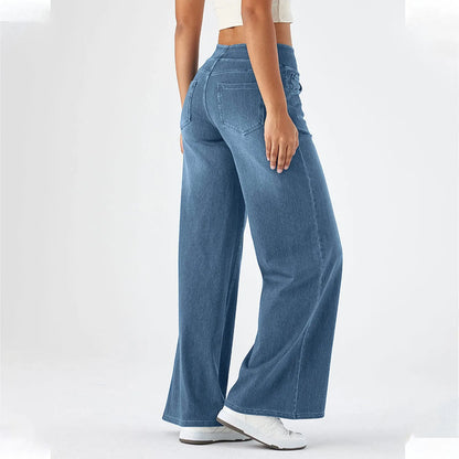 Fashion Baggy Jeans For Women Bleached Vintage High Waist Wide Leg Denim Pants With Pockets Boyfriend Stretchy Palazzo Pants