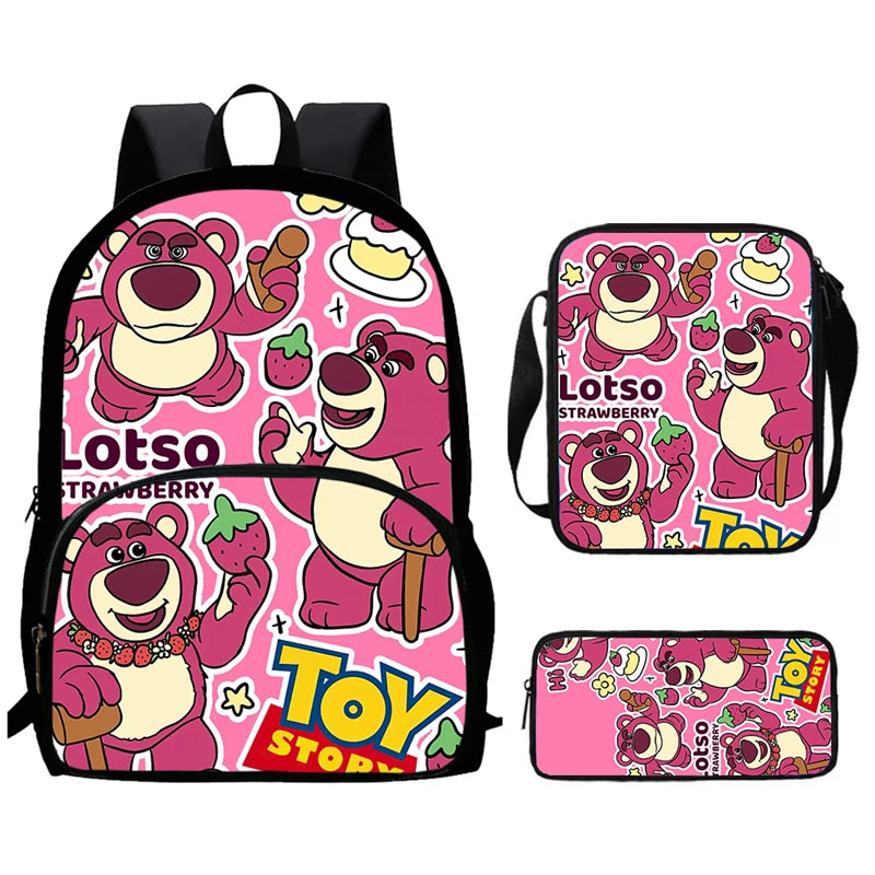 Child School Backpack with Front Pocket,Shoulder Bag,Pencil Bag for Aged 5-10,Cartoon Strawberry Bear School Bags for Boys Girls