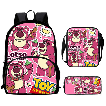 Child School Backpack with Front Pocket,Shoulder Bag,Pencil Bag for Aged 5-10,Cartoon Strawberry Bear School Bags for Boys Girls