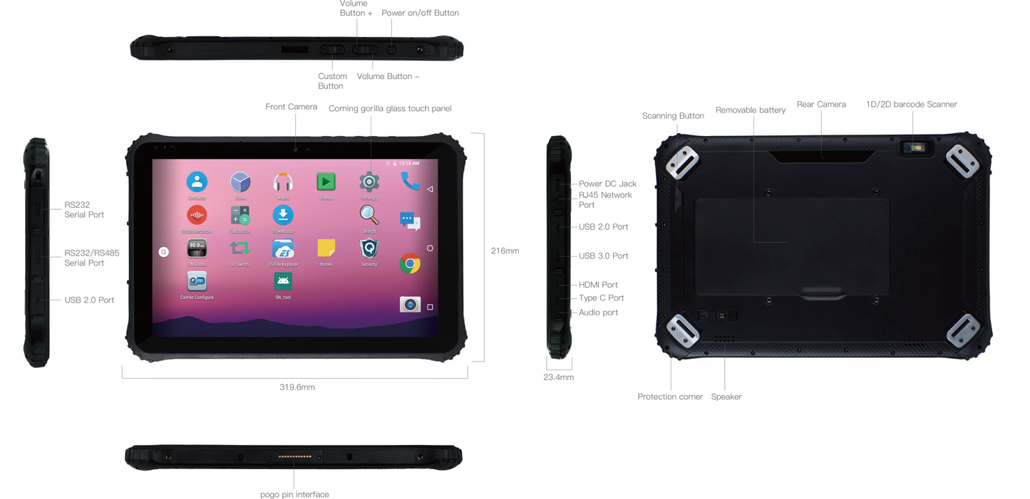 12.2-inch Rugged Tablet 5G Notebook with Android 11 OS, RAM 8GB ROM 128GB，13mp Camera, IP65 protection Industrial tablet