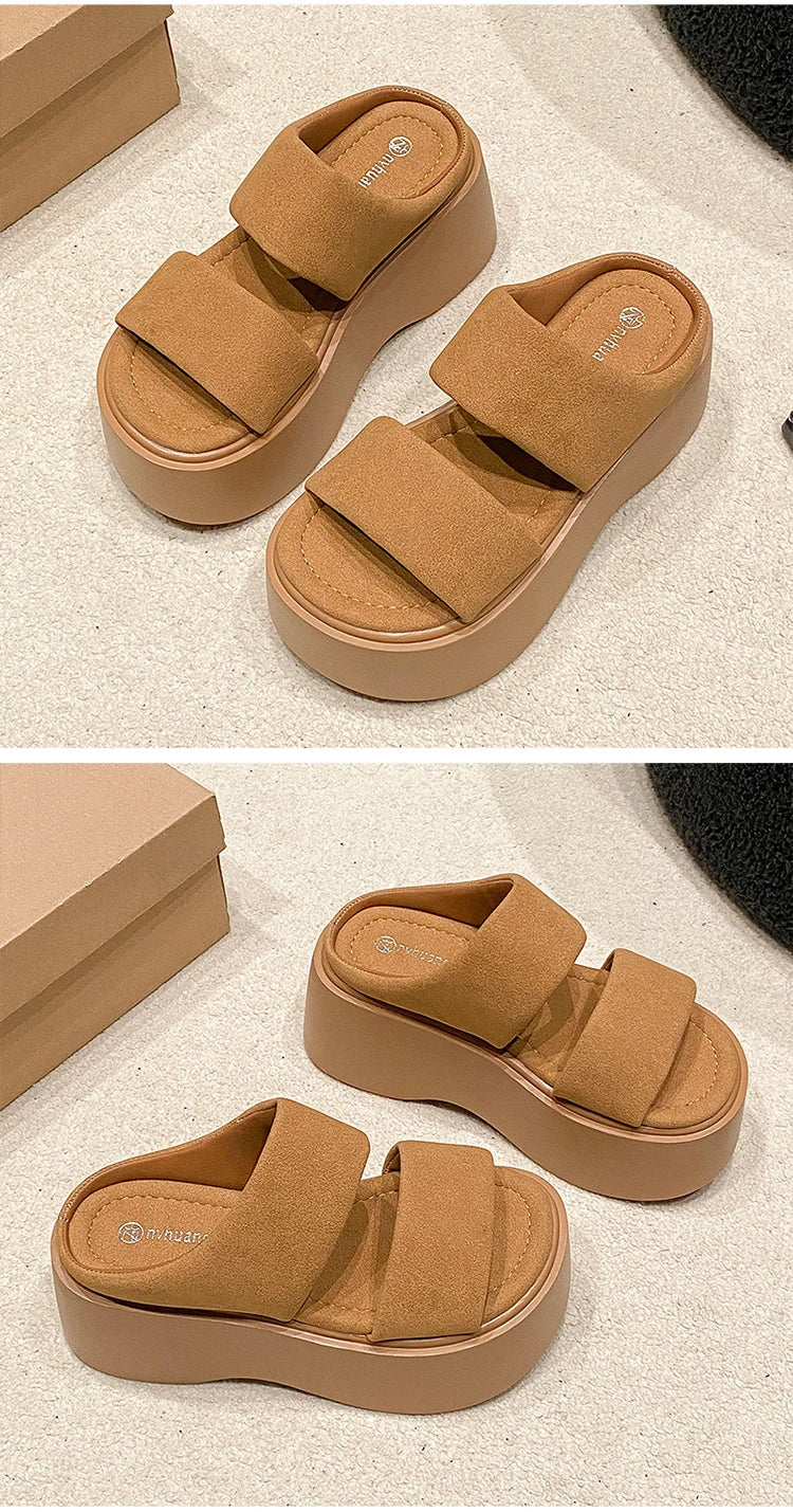 Summer 2023 Chunky Sandals Women's Thick Bottom Wedge Heels Slides 8CM High Heels Platform Leather Casual Beach Flip Flops Woman