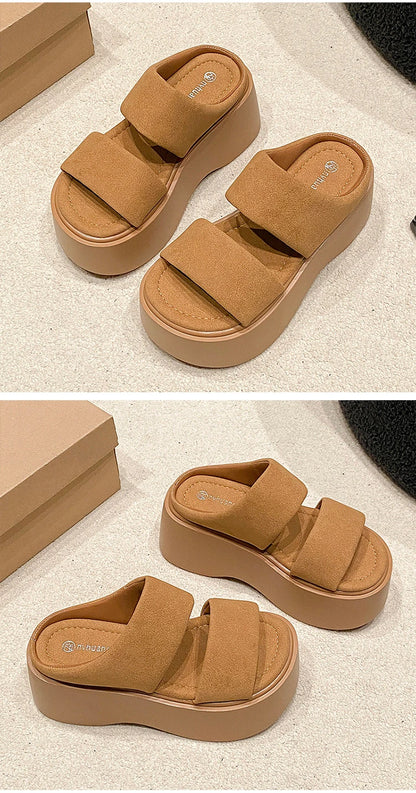 Summer 2023 Chunky Sandals Women's Thick Bottom Wedge Heels Slides 8CM High Heels Platform Leather Casual Beach Flip Flops Woman