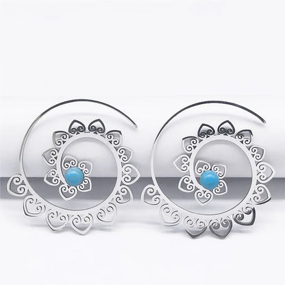 Vintage Ethnic Indian Carved Mandala Flower Dangle Earrings Stainless Steel Stone Boho Hollow Earring Jewelry pendientes flor