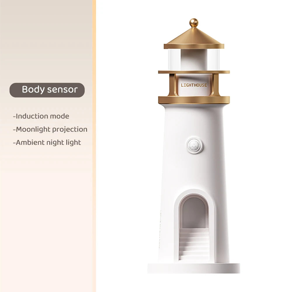 Bluetooth White Lighthouse Noise Music Night Light Dimmable Decorative Sensor Beside Nightlights Moon Projection Desktop Lamp