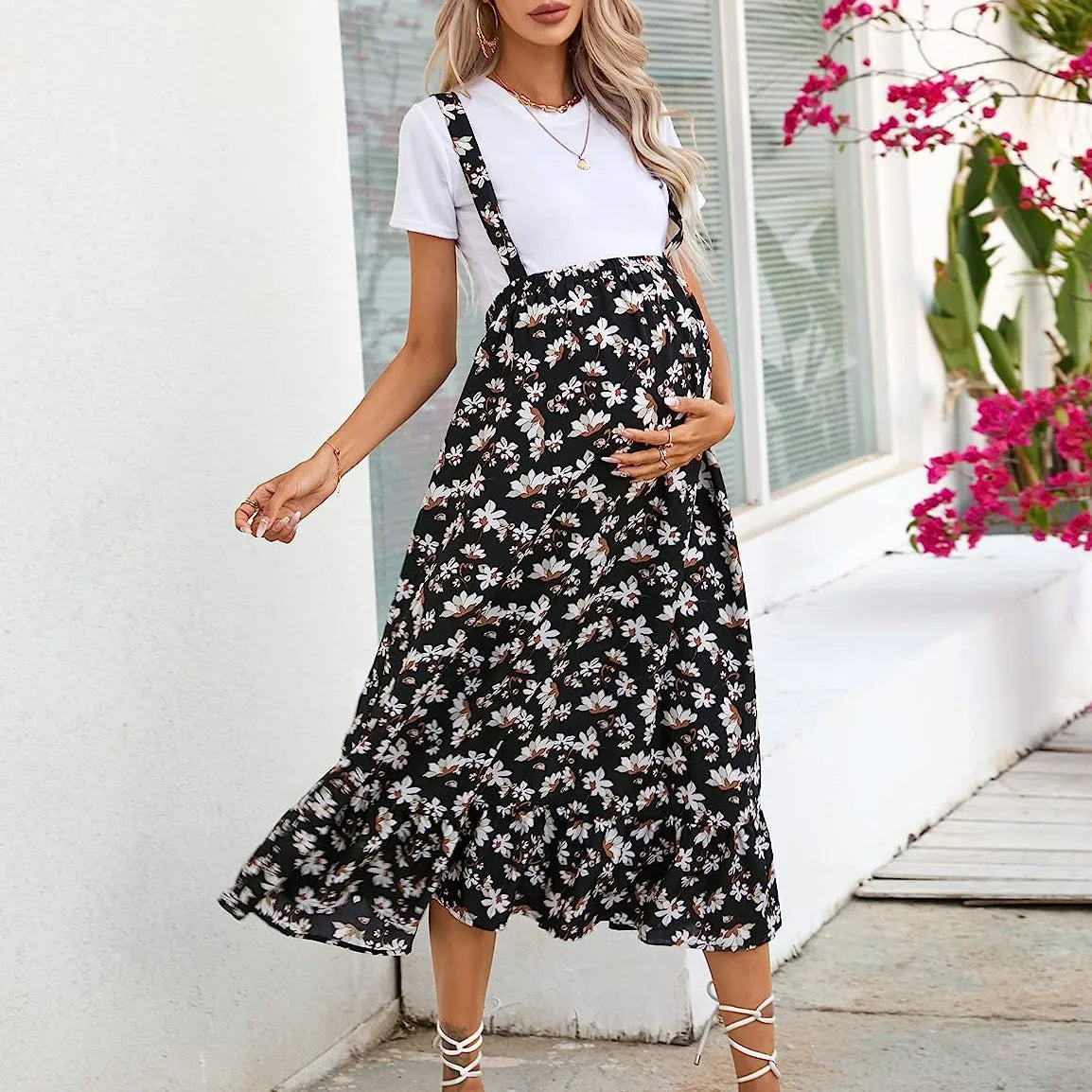 Maternity Dresses Halter Clothing Dress for Pregnant Women with A Printed Halter Dress Pregnancy Clothes Printed Skirt