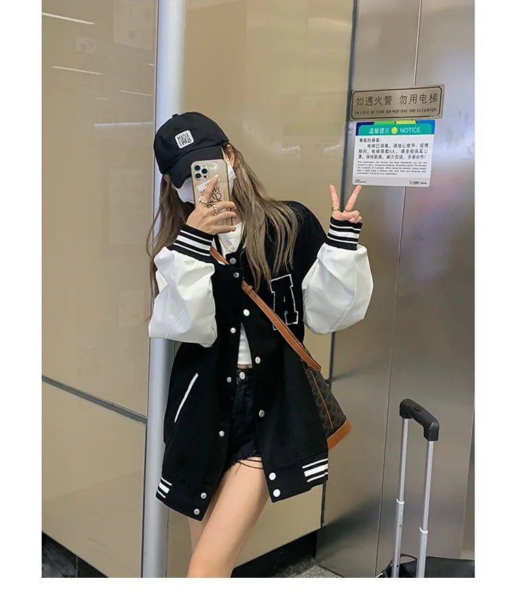 Women Bomber Jackets 2023 Fall Winter Fashion Baseball Uniform Oversize Coats Student Couple Harajuku Loose Jacket Streetwear